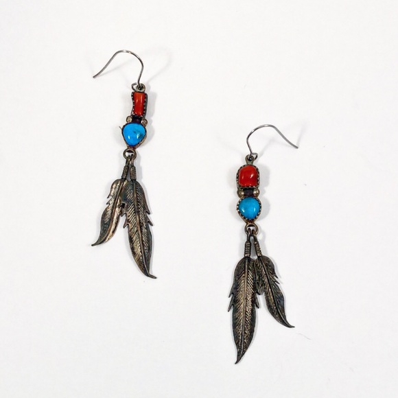 🔴 Navajo Carnelian and Turquoise Feather Earrings - Picture 7 of 7